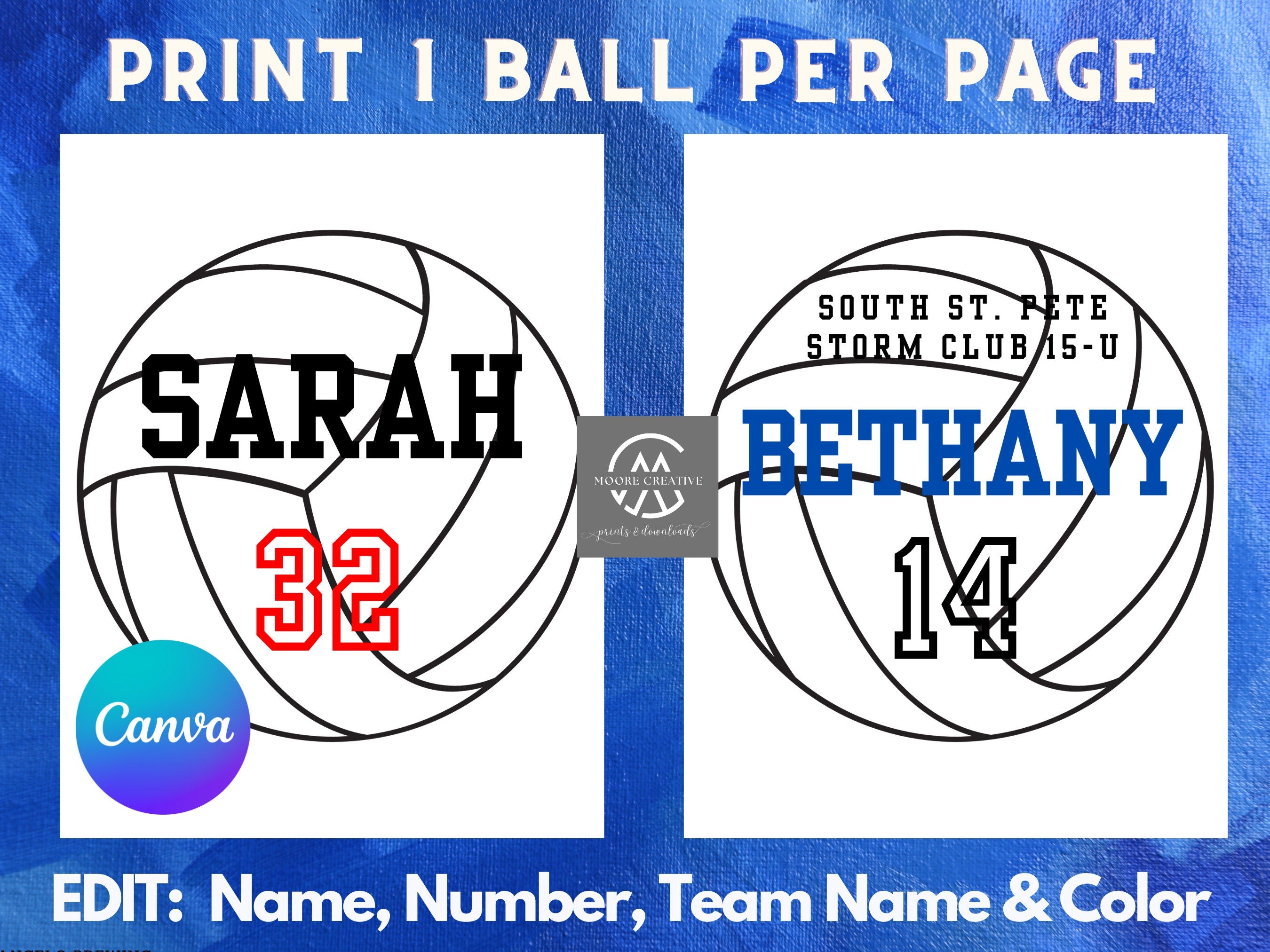 8" Volleyballs Editable Names and Player Numbers DIY Template Printable DIY Print at Home Volleyball Team Party Volleyball Download Gifts
