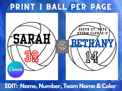 8" Volleyballs Editable Names and Player Numbers DIY Template Printable DIY Print at Home Volleyball Team Party Volleyball Download Gifts
