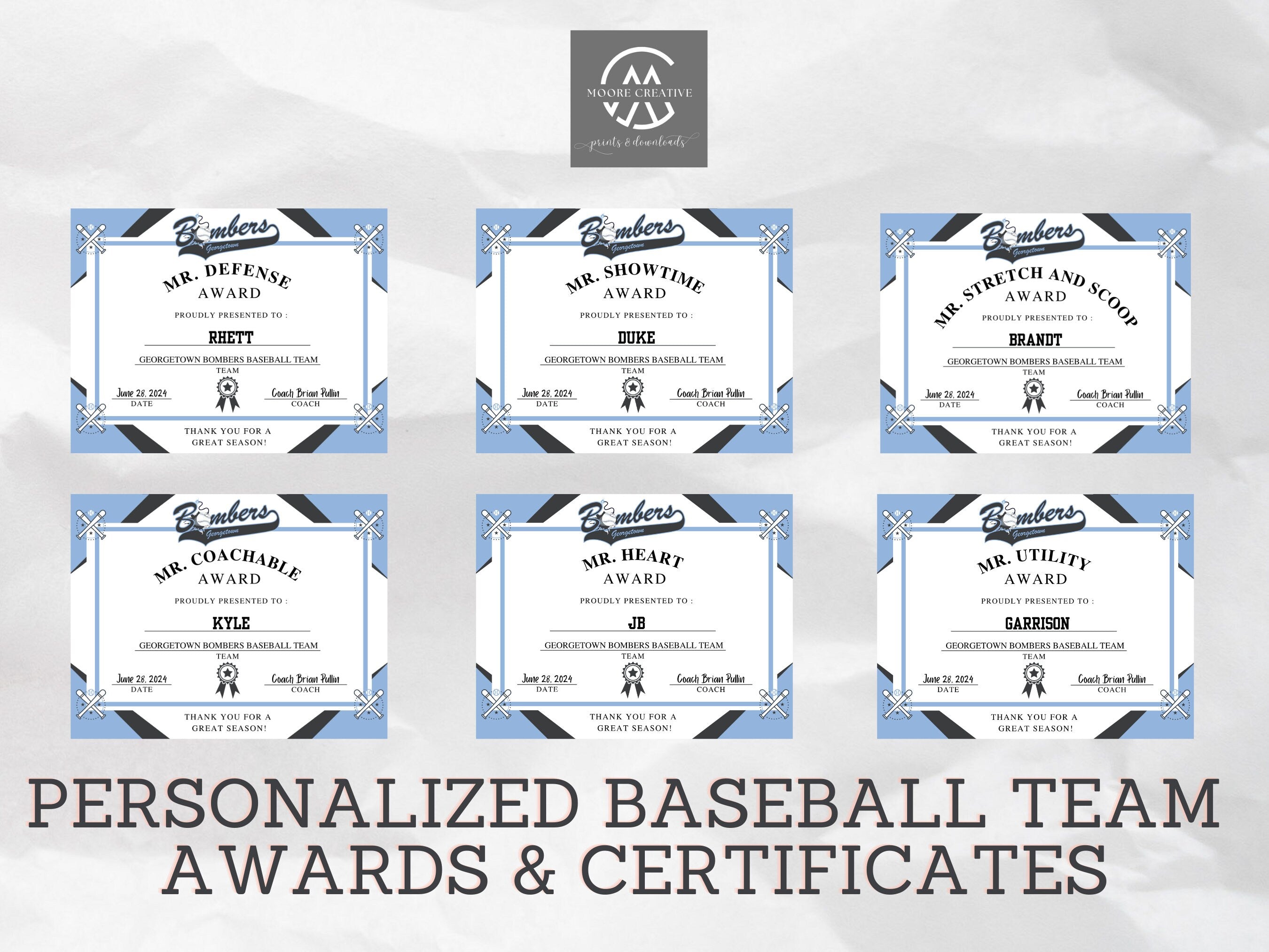 Personalized Baseball Award Certificates, Baseball Team Awards, Baseball End of the Season Awards, Baseball Team Party, T-Ball Awards, 15