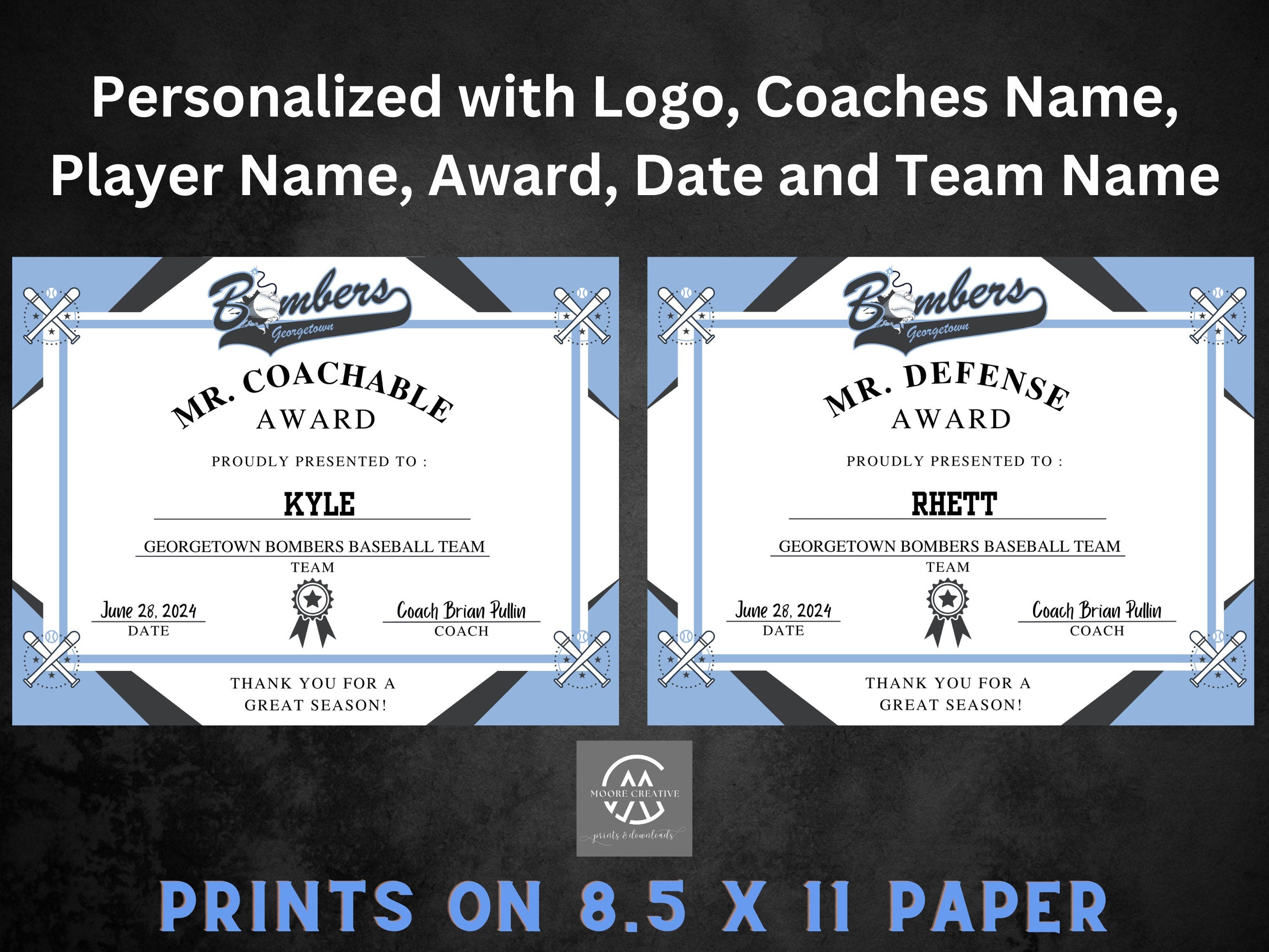 Personalized Baseball Award Certificates, Baseball Team Awards, Baseball End of the Season Awards, Baseball Team Party, T-Ball Awards, 15