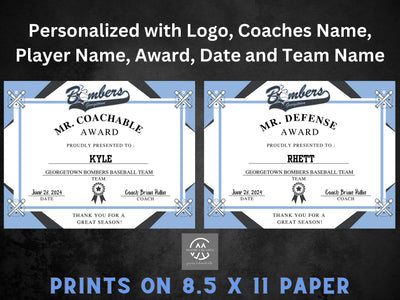 Personalized Baseball Award Certificates, Baseball Team Awards, Baseball End of the Season Awards, Baseball Team Party, T-Ball Awards, 15