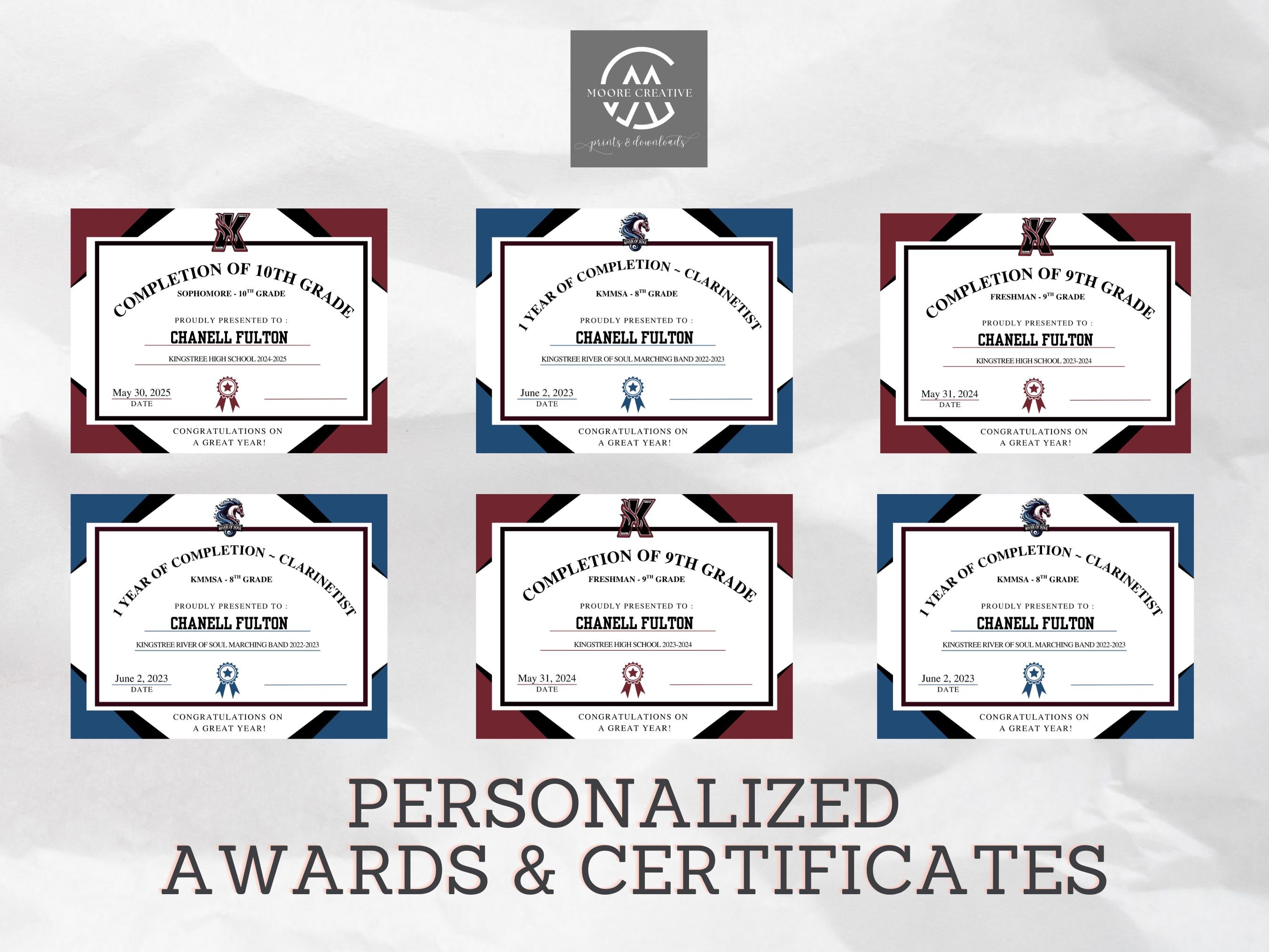 Customized Award Certificate, Awards Certificate, Custom designed End of Year Awards, Student Certificates, Band, High School, Awards
