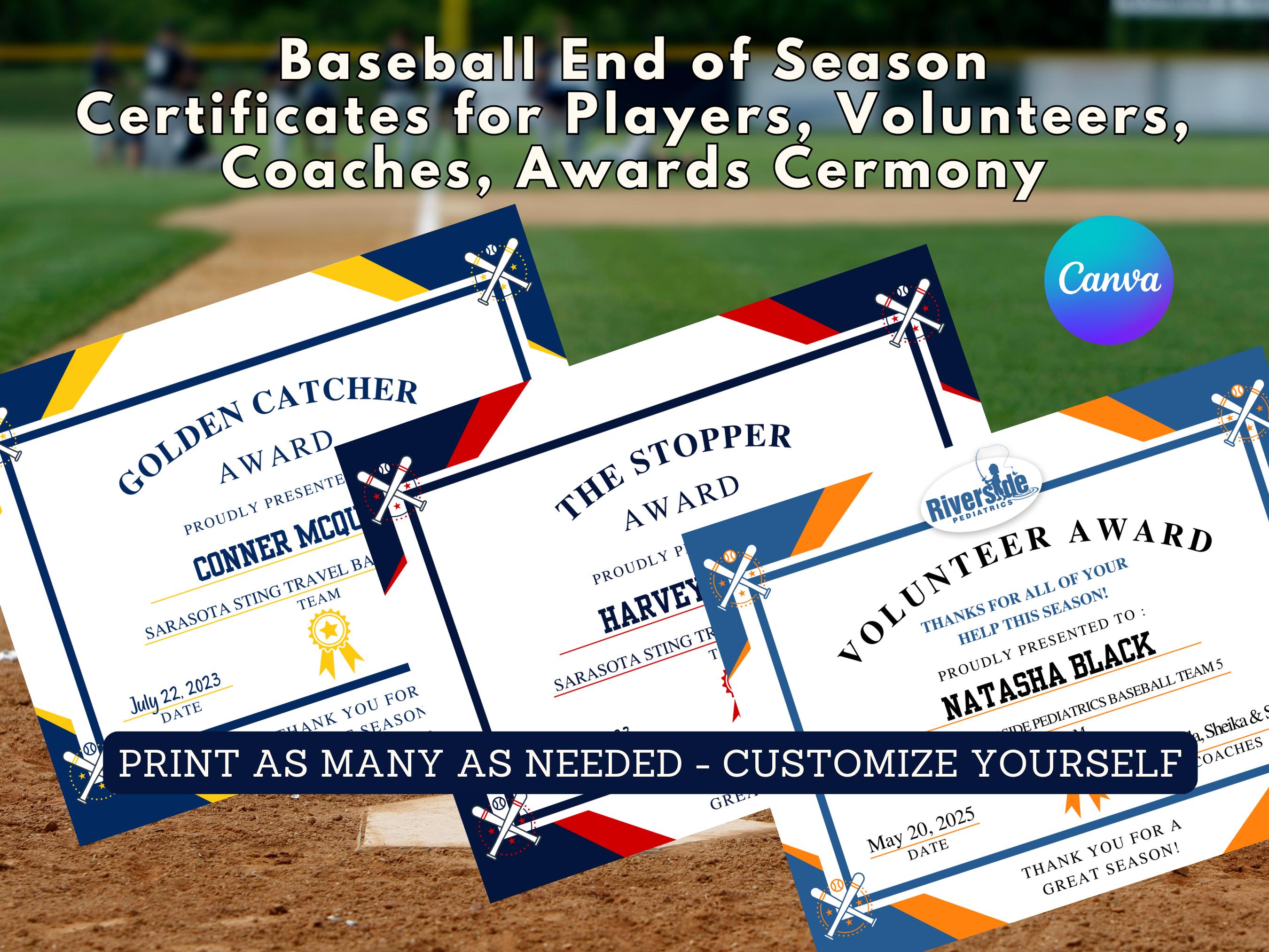 Editable Baseball Award Certificates, Baseball Team Awards, Baseball End of the Season Awards, Baseball Team Party, T-Ball, Canva Template