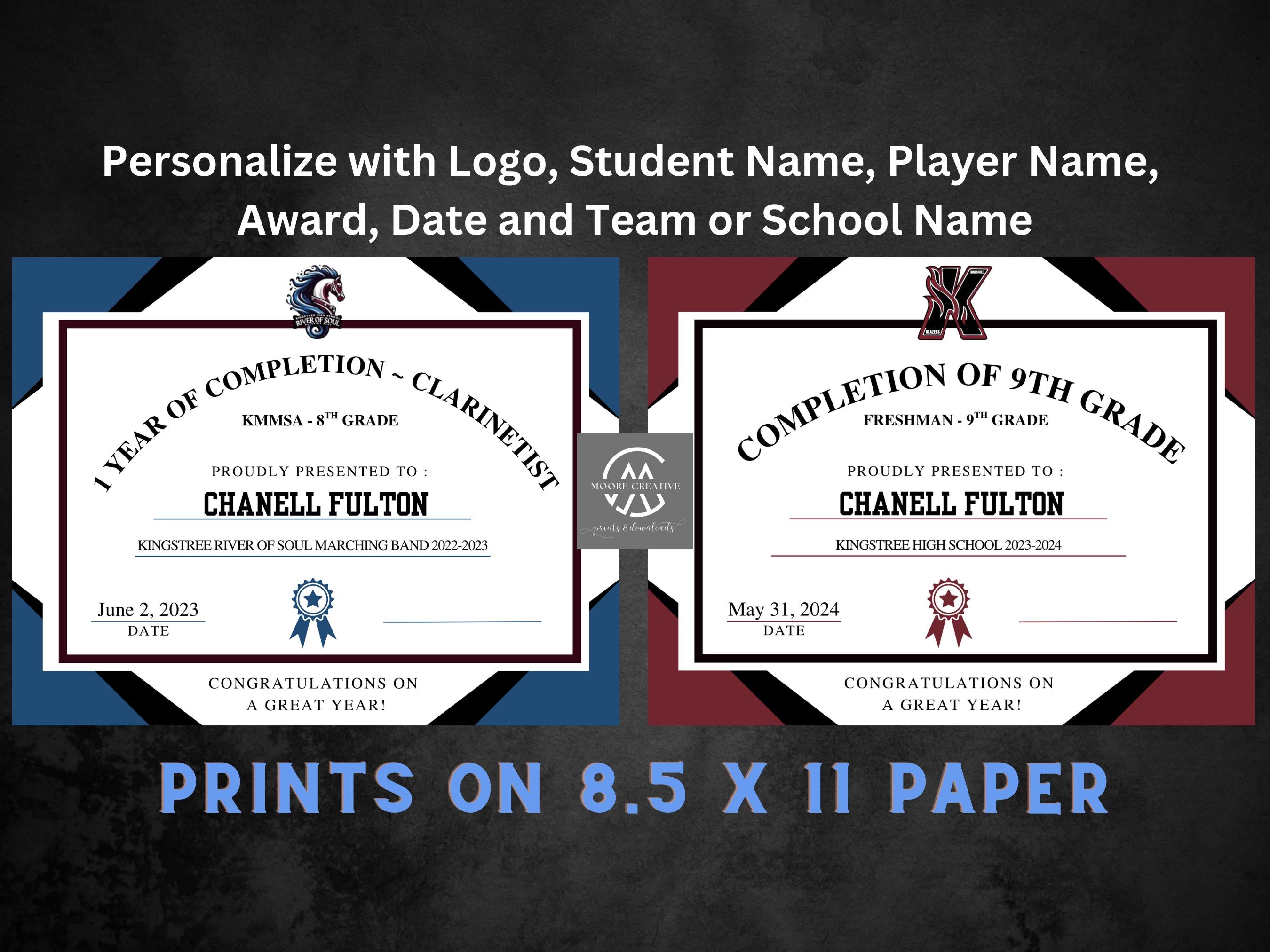 Customized Award Certificate, Awards Certificate, Custom designed End of Year Awards, Student Certificates, Band, High School, Awards