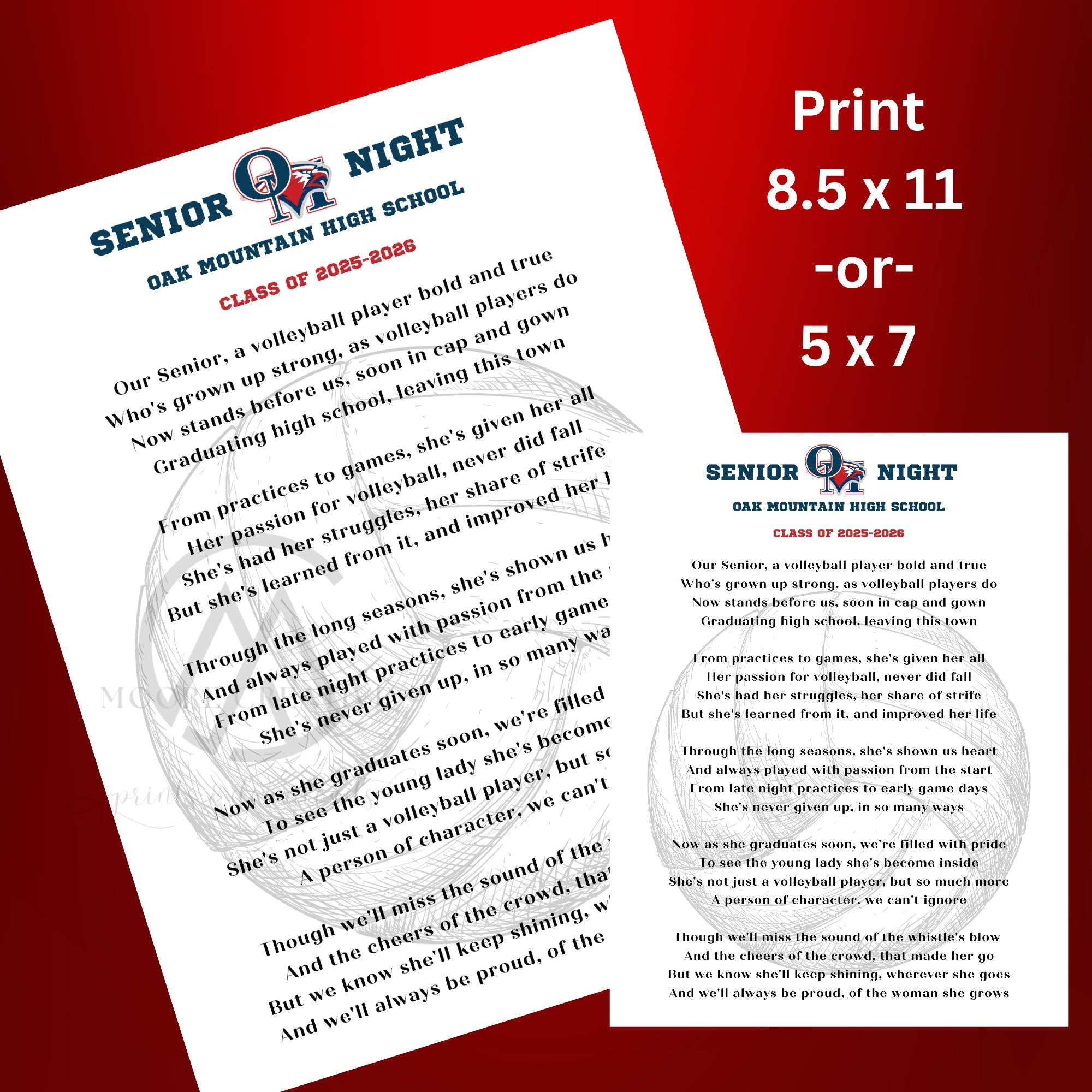 Personalized Volleyball Senior Night Gift Personalized Volleyball Player Poem Senior Volleyball Player Class of 2027 High School Logo Print