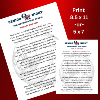 Personalized Volleyball Senior Night Gift Personalized Volleyball Player Poem Senior Volleyball Player Class of 2027 High School Logo Print