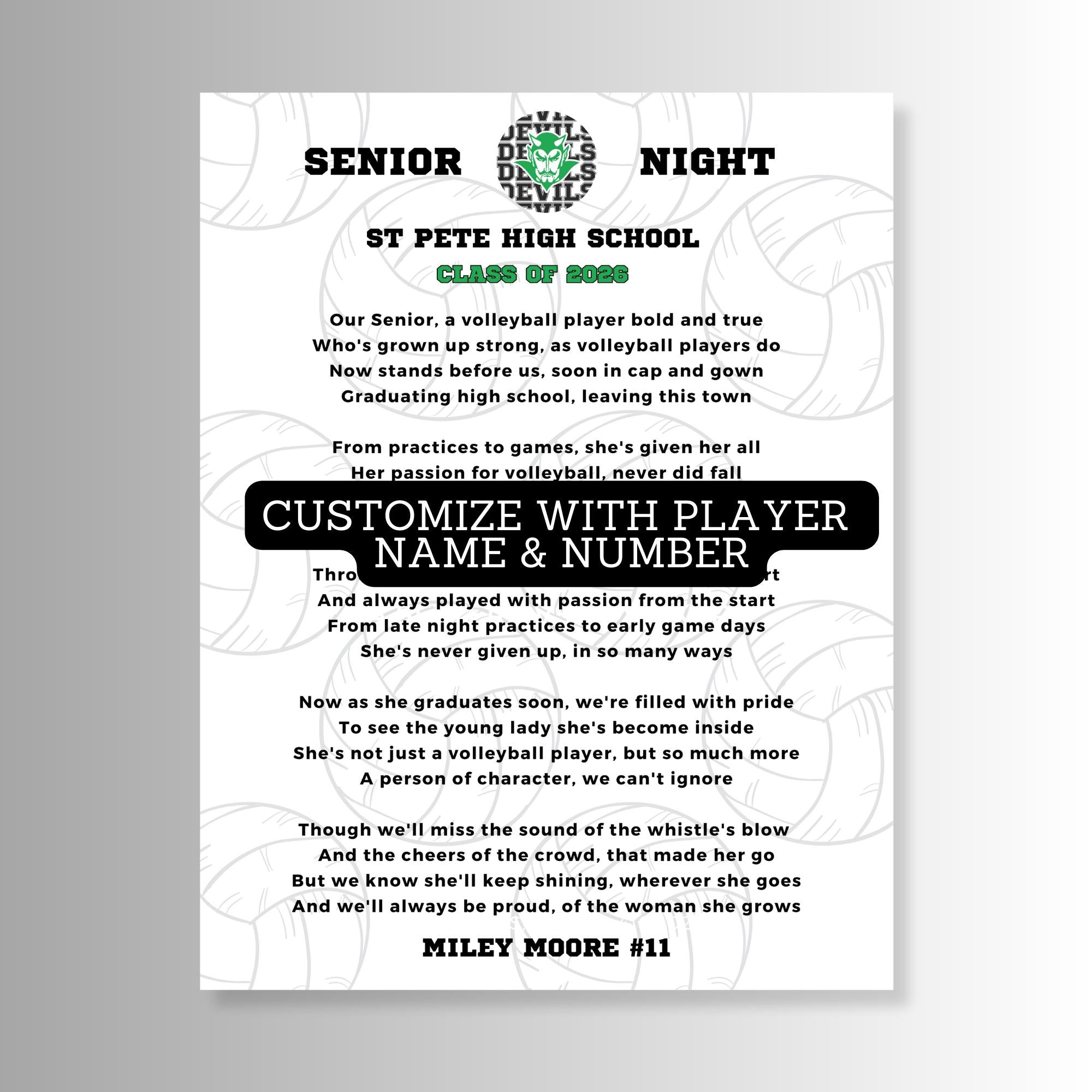 Custom Volleyball Senior Night Gift Personalized Volleyball Player Poem Senior Volleyball Player Class of 2027 High School Logo Name Print