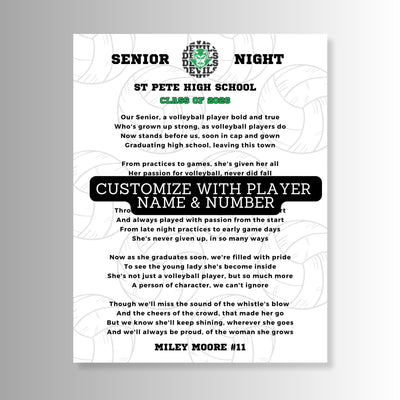 Custom Volleyball Senior Night Gift Personalized Volleyball Player Poem Senior Volleyball Player Class of 2027 High School Logo Name Print
