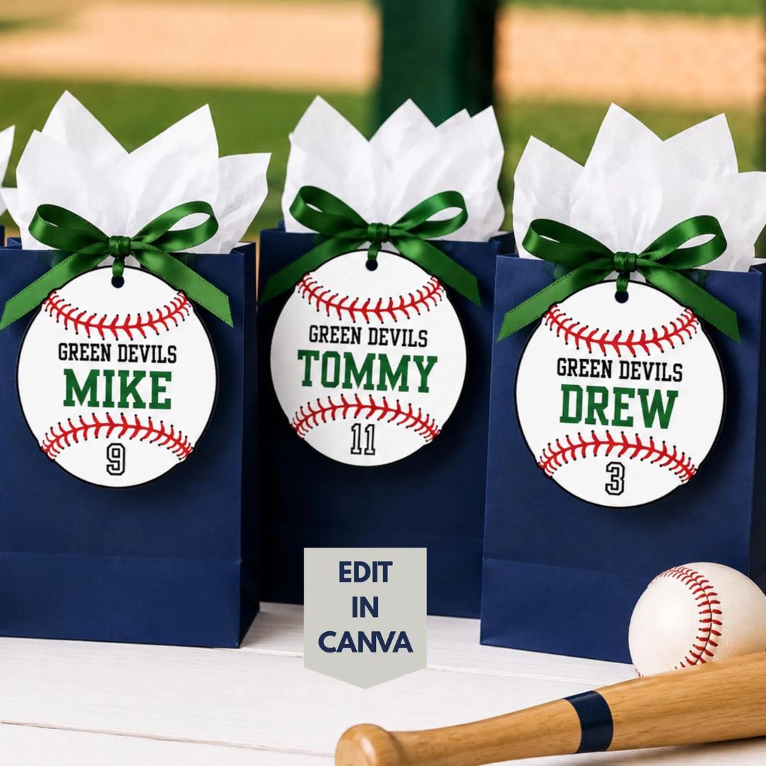 Baseballer Bag Tag Team Favor Baseball Gift Tags Canva Template Baseball Hotel Door Signs  Bag Tags Baseball Bag Tags Personalized Sport Bag