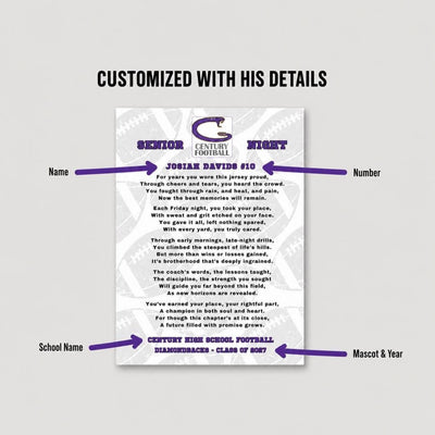 Personalized Football Senior Night Poem Custom School Logo and Team Colors Class of 2027 Football Gift Senior Football Mom Gift to Son