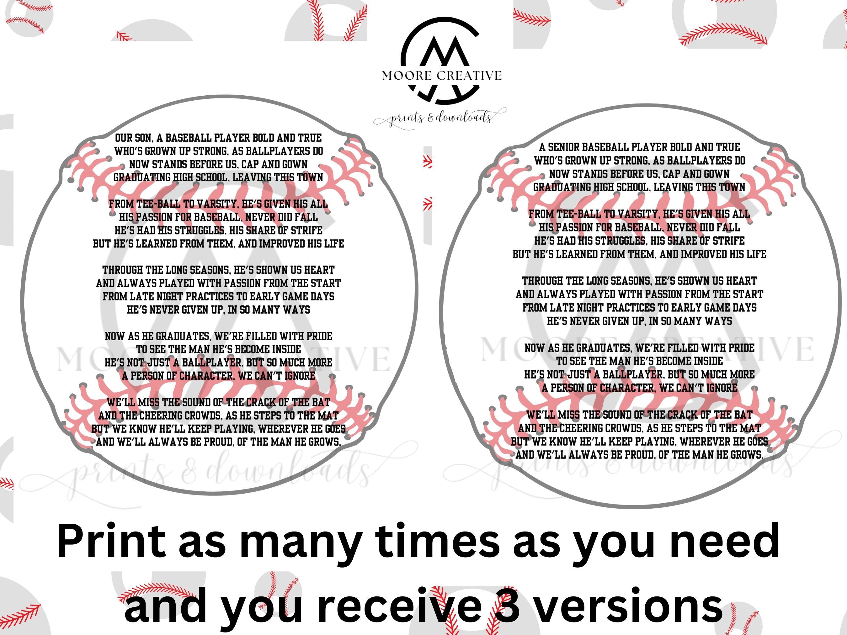 Two circular designs with text overlayed on a background of baseballs, featuring the Moore Creative logo.