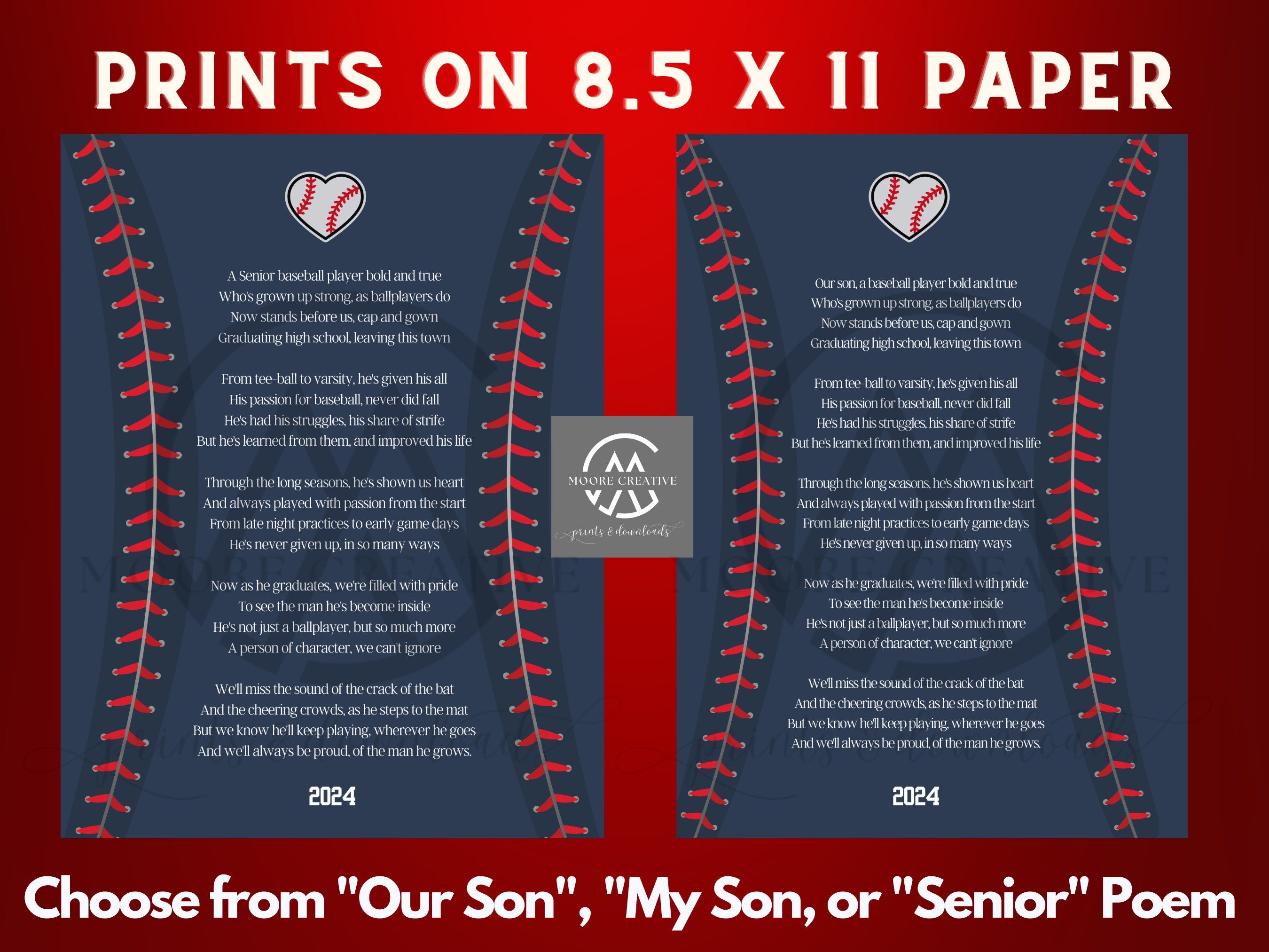 Printable poem on baseball jersey design with text and logo on a red background
