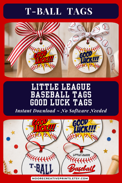 Good luck tags with baseball design and text on a red and blue background