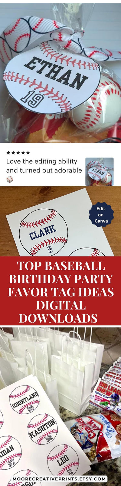 Baseball-themed birthday party favor tag ideas with digital downloads on a white background.