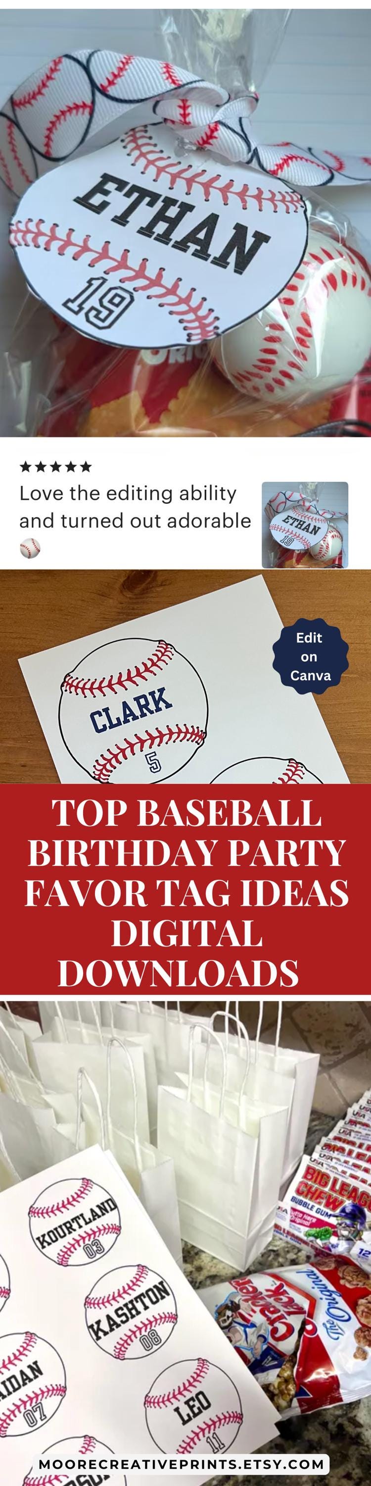 Baseball-themed birthday party favor tag ideas with digital downloads on a white background.