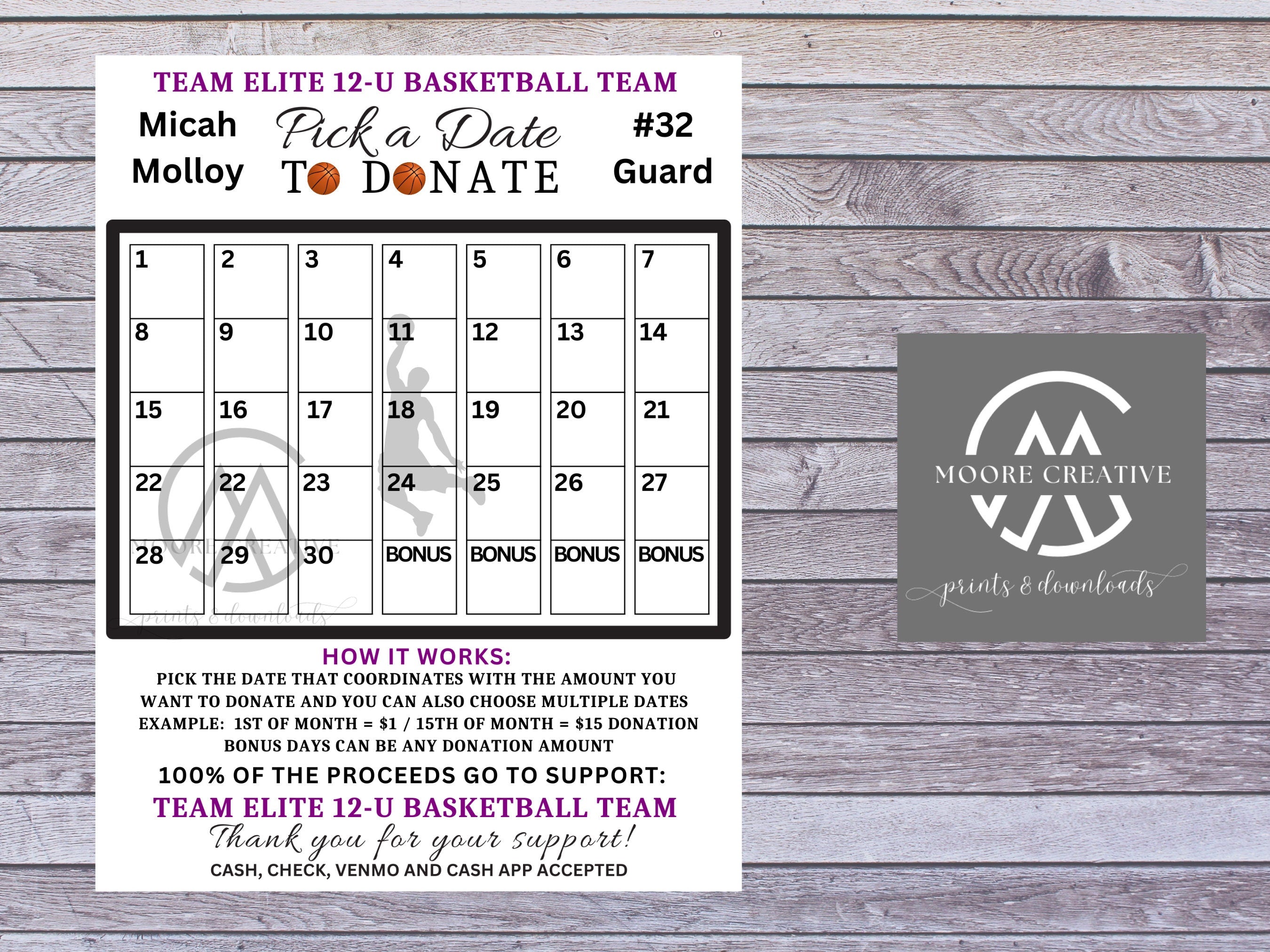 pay the date calendar fundraiser basketball